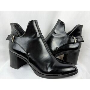 Zara Black Faux Leather Ankle Boots Buckle Zip Block Heel Cutout Women's Size 38